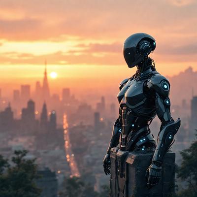 Primary subject: A robot with a futuristic appearance.

Setting/background: A cityscape with buildings and a sunset in the background.

Visual style: The robot is depicted as a digital art piece.

Colors and mood: The image has a warm and futuristic atmosphere, with the sunset and cityscape creating a sense of depth and contrast.